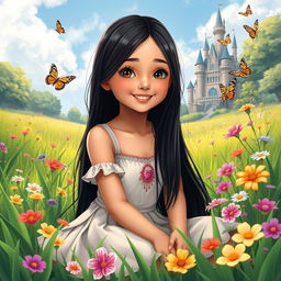 A vibrant illustration of a full-body portrait of an 11-year-old white Brazilian princess with long, straight black hair and dark eyes