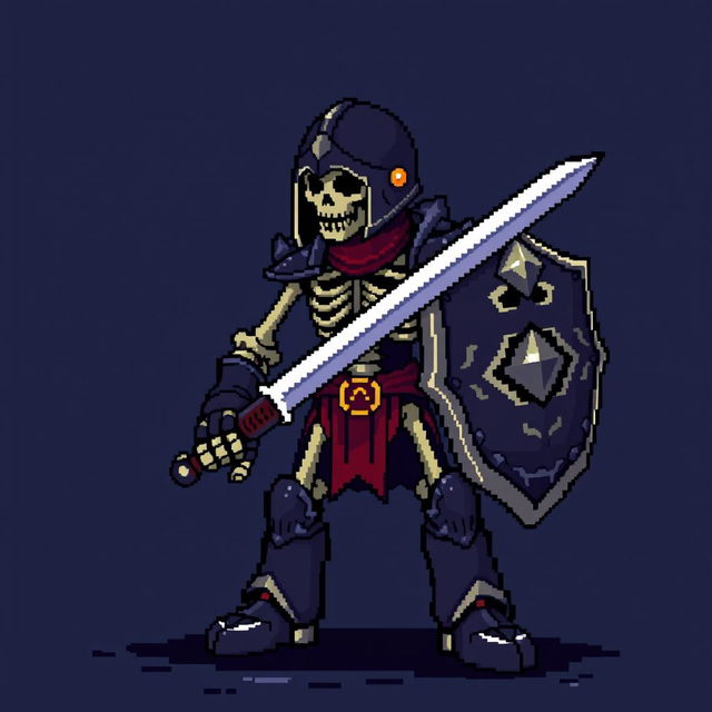 A medieval skeletal warrior character designed in pixel art style for a 2D platformer video game, capturing the essence of Mega Man