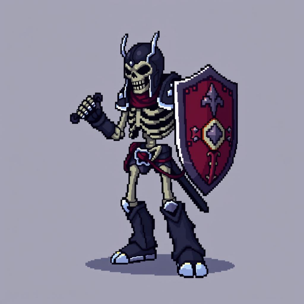 A medieval skeletal warrior character designed in pixel art style for a 2D platformer video game, capturing the essence of Mega Man