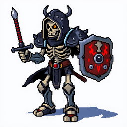 A medieval skeletal warrior character designed in pixel art style for a 2D platformer video game, capturing the essence of Mega Man