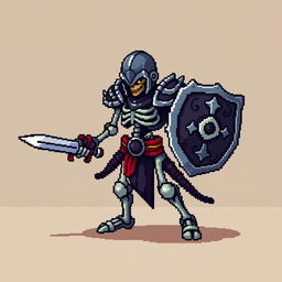 A medieval skeletal warrior character designed in pixel art style for a 2D platformer video game, capturing the essence of Mega Man