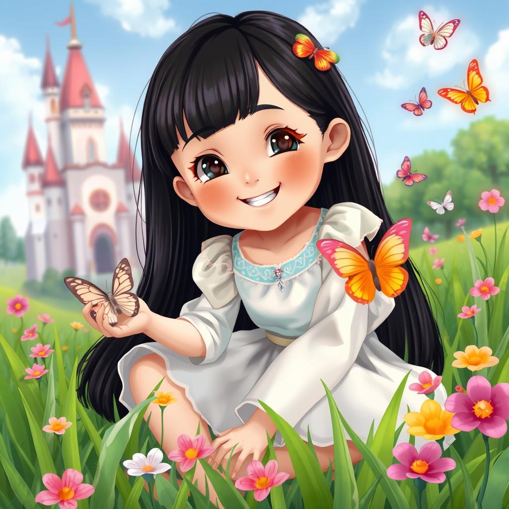 A charming illustration of a full-body portrait of an 11-year-old white Brazilian princess with long, straight black hair and dark eyes