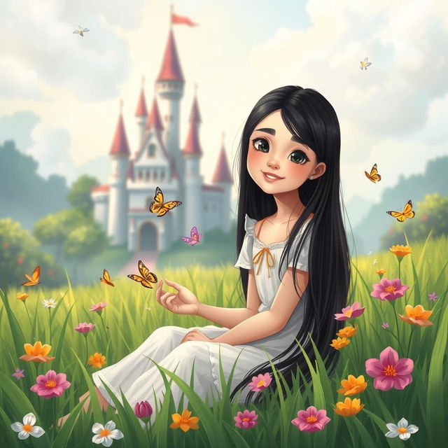 A charming illustration of a full-body portrait of an 11-year-old white Brazilian princess with long, straight black hair and dark eyes