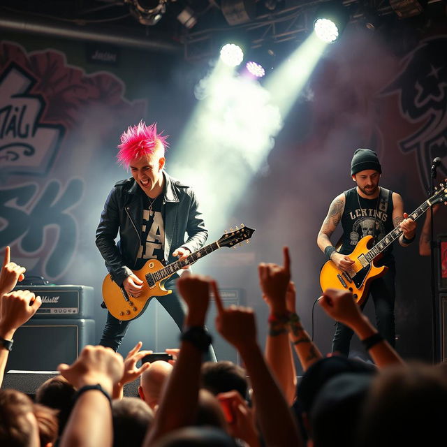 A dynamic punk rock band performing on stage, characterized by vibrant energy and rebellious spirit