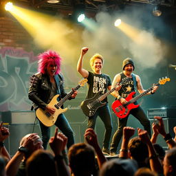 A dynamic punk rock band performing on stage, characterized by vibrant energy and rebellious spirit