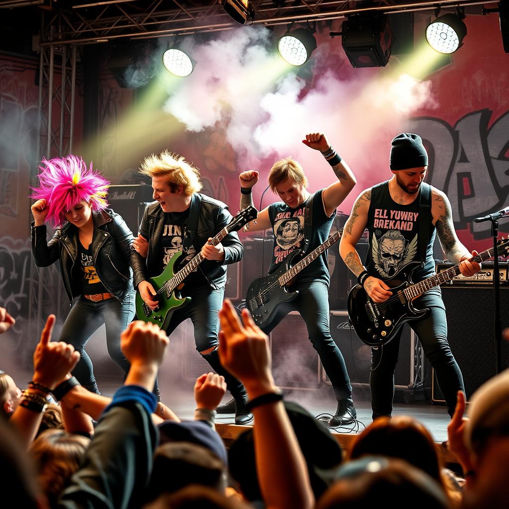 A dynamic punk rock band performing on stage, characterized by vibrant energy and rebellious spirit