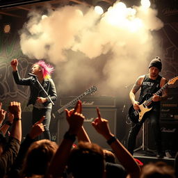 A dynamic punk rock band performing on stage, characterized by vibrant energy and rebellious spirit