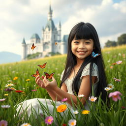 A full-body portrait of an 11-year-old white Brazilian princess with long, straight black hair and dark eyes