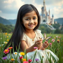 A full-body portrait of an 11-year-old white Brazilian princess with long, straight black hair and dark eyes