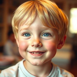 A cute boy with fair skin, soft pink blush on his cheeks, and striking blonde hair