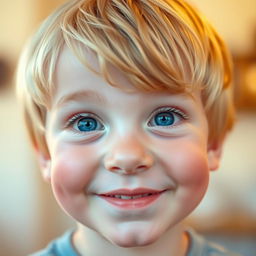 A cute boy with fair skin, soft pink blush on his cheeks, and striking blonde hair