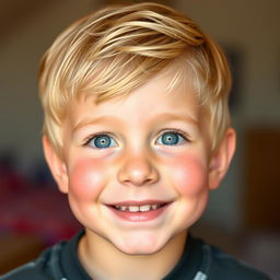 A cute boy with fair skin, soft pink blush on his cheeks, and striking blonde hair