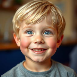 A cute boy with fair skin, soft pink blush on his cheeks, and striking blonde hair
