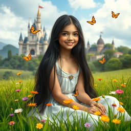 A full-body portrait of a 13-year-old white Brazilian princess with long, straight black hair and dark eyes