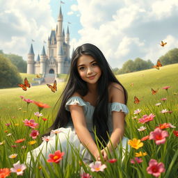 A full-body portrait of a 13-year-old white Brazilian princess with long, straight black hair and dark eyes