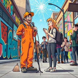 An imaginative and whimsical scene illustrating a road cleaner and a student performing a duet together