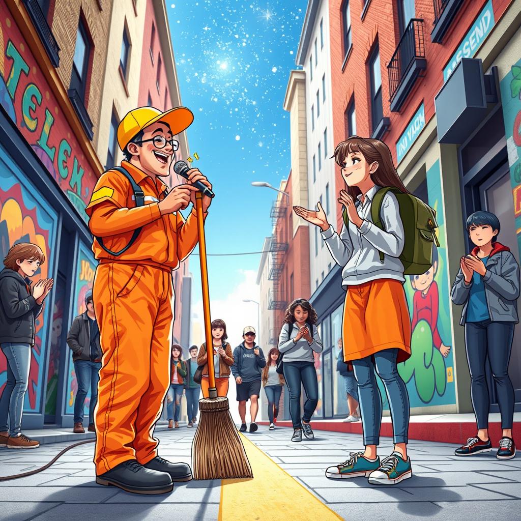 An imaginative and whimsical scene illustrating a road cleaner and a student performing a duet together