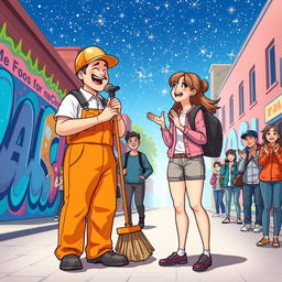 An imaginative and whimsical scene illustrating a road cleaner and a student performing a duet together