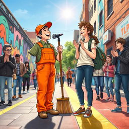 An imaginative and whimsical scene illustrating a road cleaner and a student performing a duet together