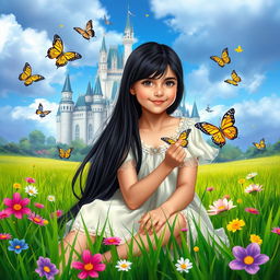A full-body portrait of a 13-year-old white Brazilian princess with long, straight black hair and dark eyes