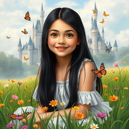 A full-body portrait of a 13-year-old white Brazilian princess with long, straight black hair and dark eyes
