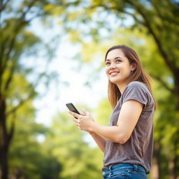 A person holding a smartphone while standing in a relaxed pose, looking off to the side with a gentle smile