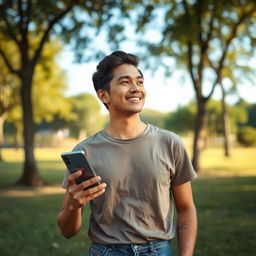 A person holding a smartphone while standing in a relaxed pose, looking off to the side with a gentle smile