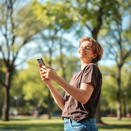A person holding a smartphone while standing in a relaxed pose, looking off to the side with a gentle smile
