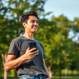A person holding a smartphone while standing in a relaxed pose, looking off to the side with a gentle smile