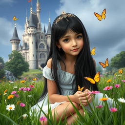 A full-body representation of a 13-year-old white Brazilian princess with long, straight black hair and dark eyes
