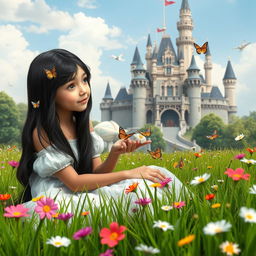 A full-body representation of a 13-year-old white Brazilian princess with long, straight black hair and dark eyes