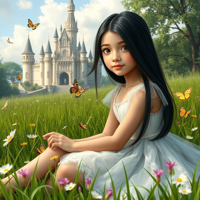 A full-body representation of a 13-year-old white Brazilian princess with long, straight black hair and dark eyes