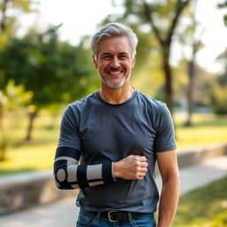 A middle-aged man in his forties, standing confidently with a medical brace on his arm