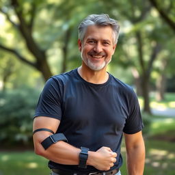 A middle-aged man in his forties, standing confidently with a medical brace on his arm