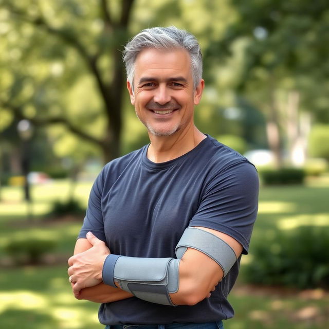 A middle-aged man in his forties, standing confidently with a medical brace on his arm