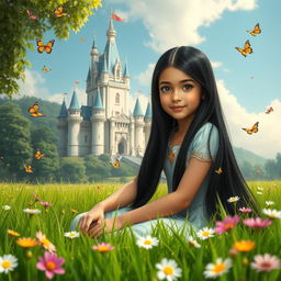 A full-body depiction of a 13-year-old white Brazilian princess with long, straight black hair and dark eyes