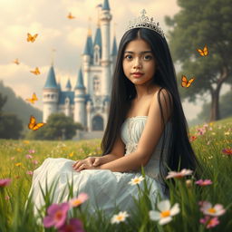 A full-body depiction of a 13-year-old white Brazilian princess with long, straight black hair and dark eyes