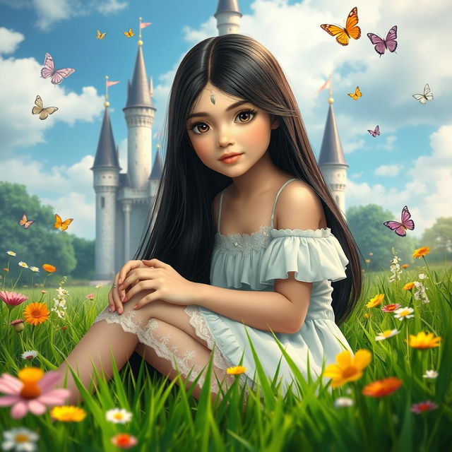 A full-body depiction of a 13-year-old white Brazilian princess with long, straight black hair and dark eyes