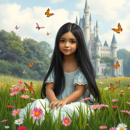 A full-body depiction of a 13-year-old white Brazilian princess with long, straight black hair and dark eyes