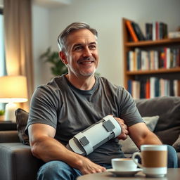 A middle-aged man in his forties, wearing a medical brace on his arm, seated casually with a thoughtful expression