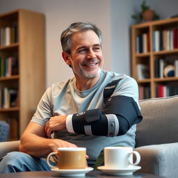 A middle-aged man in his forties, wearing a medical brace on his arm, seated casually with a thoughtful expression