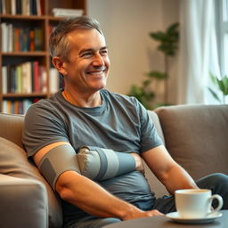 A middle-aged man in his forties, wearing a medical brace on his arm, seated casually with a thoughtful expression