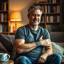 A middle-aged man in his forties, wearing a medical brace on his arm, seated casually with a thoughtful expression