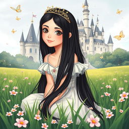 A full-body illustration of a 13-year-old white Brazilian princess with long, straight black hair and dark eyes, wearing a delicate crown