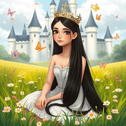 A full-body illustration of a 13-year-old white Brazilian princess with long, straight black hair and dark eyes, wearing a delicate crown