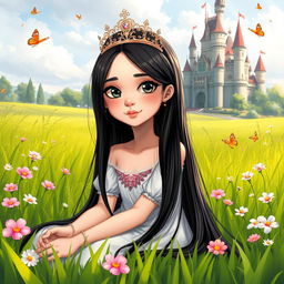 A full-body illustration of a 13-year-old white Brazilian princess with long, straight black hair and dark eyes, wearing a delicate crown