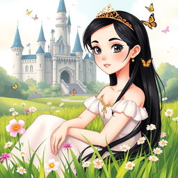 A full-body illustration of a 13-year-old white Brazilian princess with long, straight black hair and dark eyes, wearing a delicate crown