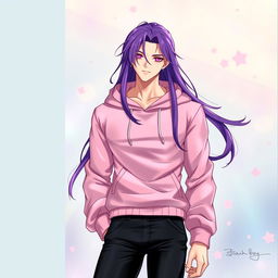 A striking light novel cover featuring a tall male femboy with long, glossy purple hair that flows elegantly