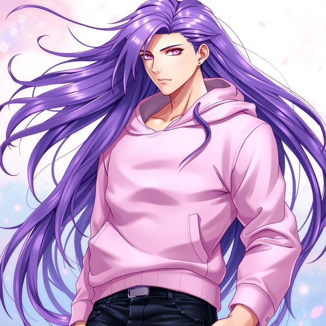 A striking light novel cover featuring a tall male femboy with long, glossy purple hair that flows elegantly