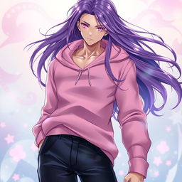 A striking light novel cover featuring a tall male femboy with long, glossy purple hair that flows elegantly